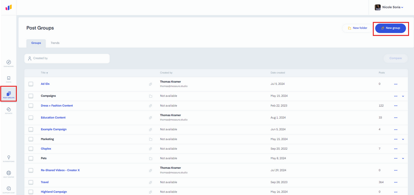 Dashboard screenshot showing post groups, created by Thomas Kramer. A "New group" button is highlighted in blue. Sidebar icons left.
