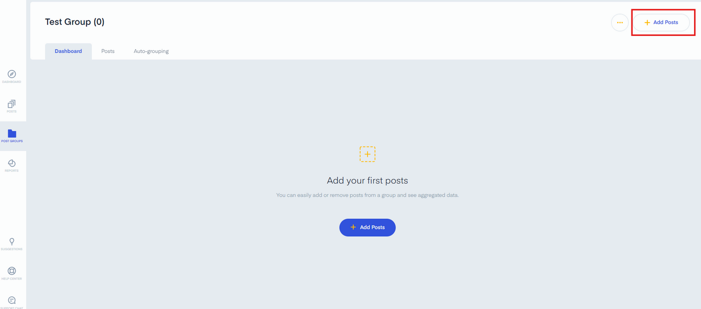 Measure Studio Dashboard interface with "Test Group (0)" and "Add Posts" button. Prompts to add first posts with a blue "+ Add Posts" button on a light blue background.