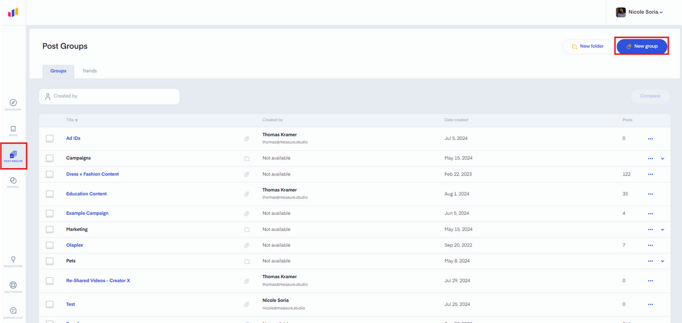Measure Studio Dashboard page showing "Post Groups" with a list of titles, creators, and dates. A blue "New group" button is highlighted on the right.