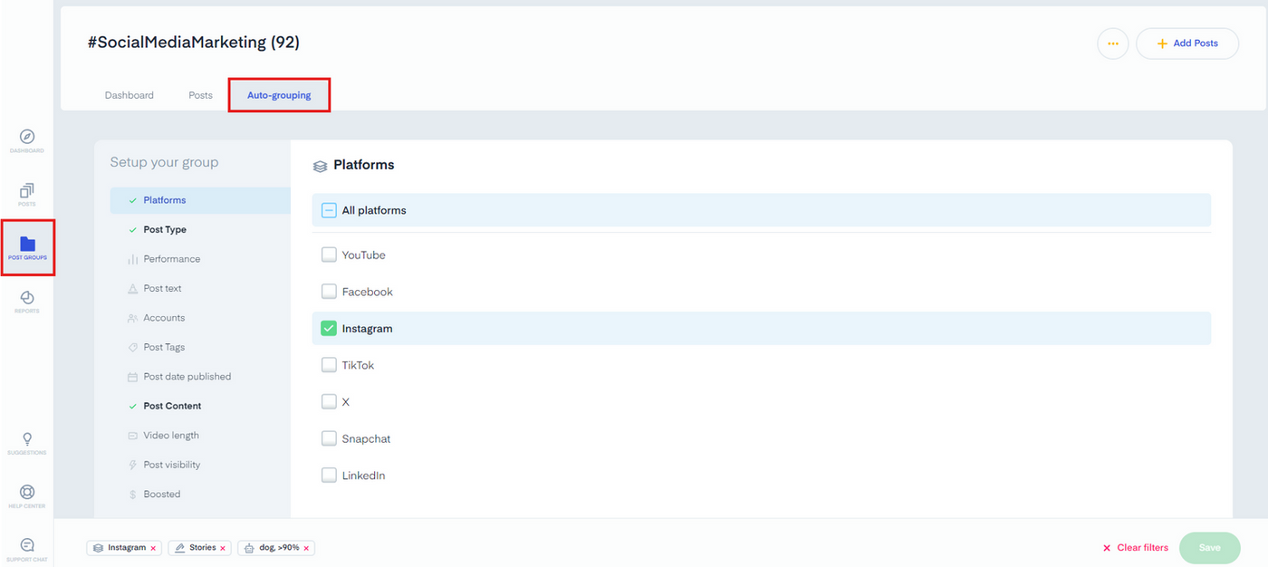 Measure Studio Post Groups interface showing social media platforms selection for auto-grouping. Instagram is checked. Menu options in light blue.