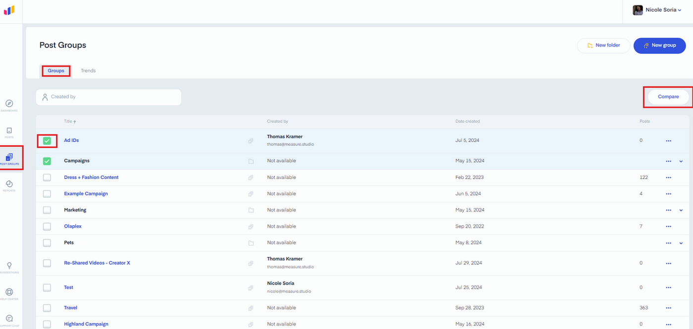 Dashboard view of "Post Groups" with items like "Ad IDs" and "Campaigns" selected. Creator names, dates, and post counts are visible.
