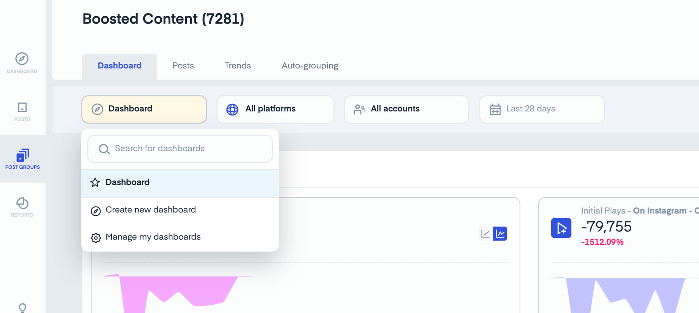 Dashboard interface with menus to search, create, and manage dashboards. Chart shows Instagram Plays drop by 1512.09%. Text: Boosted Content.