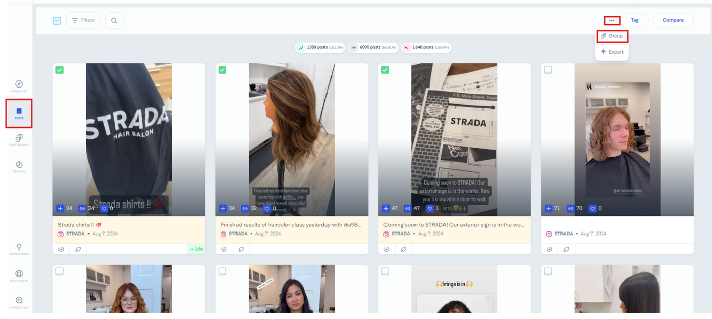 Measure Studio analytics tool showcasing hair salon posts showcase STRADA shirts, styled hair on mannequin, salon interior shot, and upcoming exterior sign, captioned with excitement.