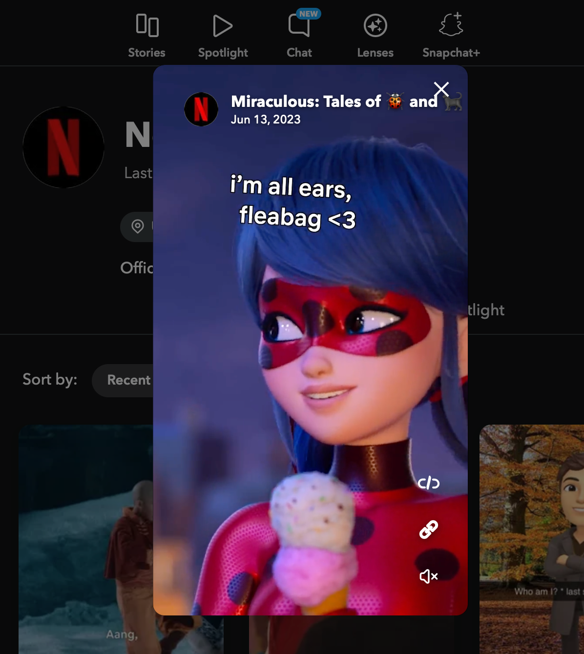 Animated character with blue hair and red mask holds ice cream, smiling. Text reads “i’m all ears, fleabag <3.” Background is blurred.