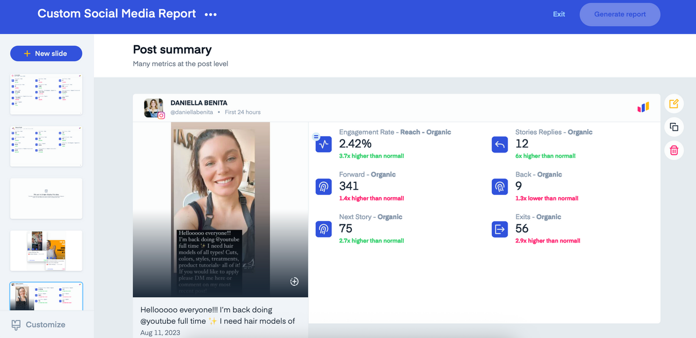 Measure Studio social media report generator analyzing a single post summary
