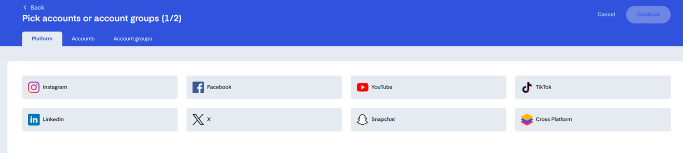 Measure Studio social media dashboard interface showing you how to select your platforms to add to social dashboard