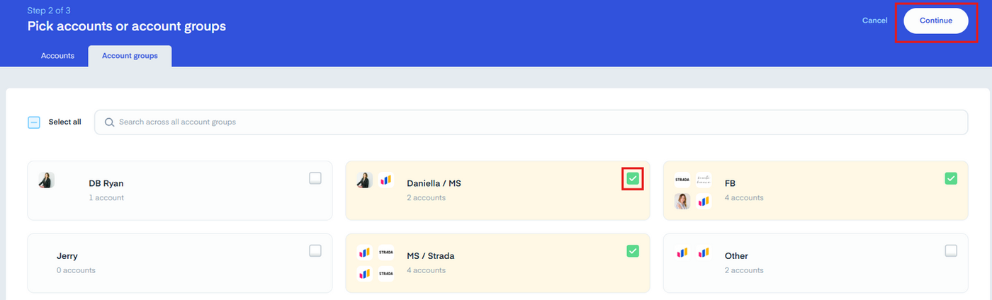 Measure Studio social media dashboard interface select accounts to measure