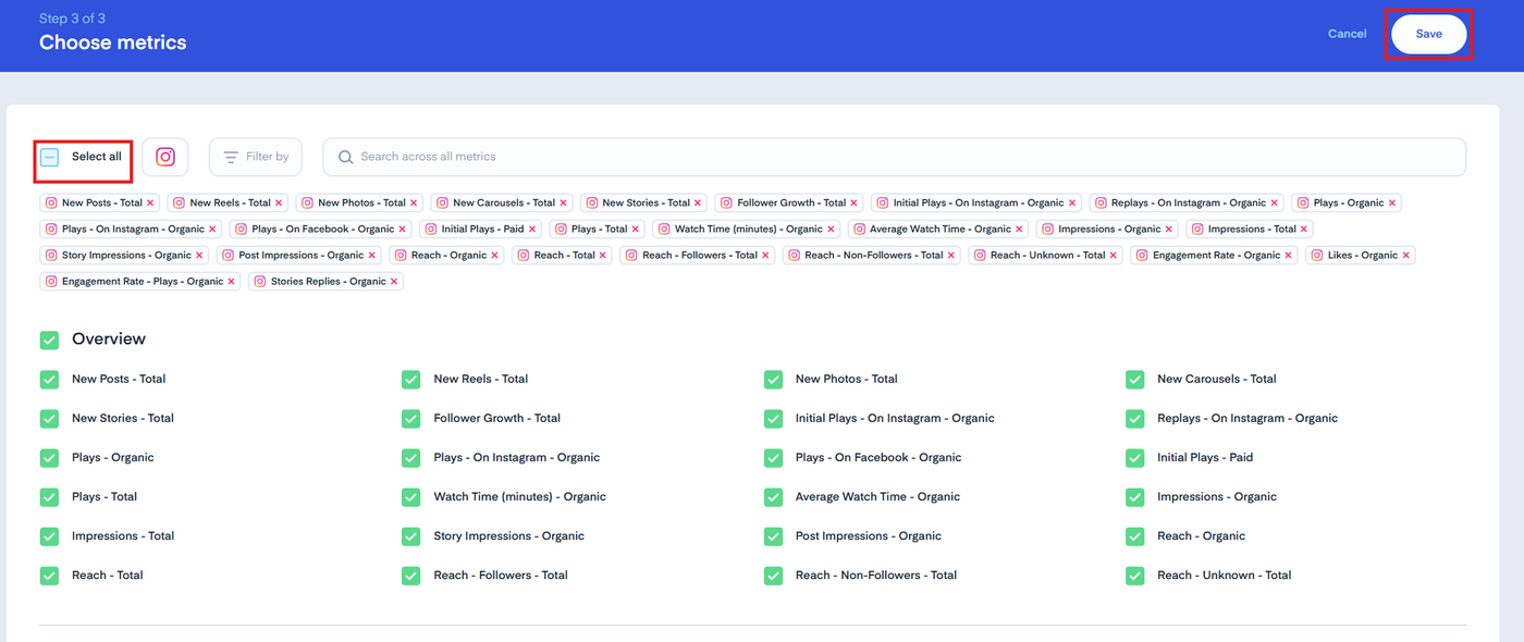 Measure Studio social media dashboard interface focused on metrics selection for tables