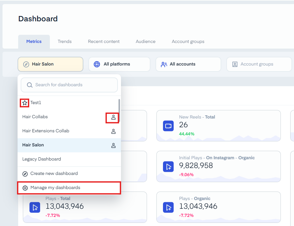 Measure Studio social media dashboard interface focused on multiple dashboard features