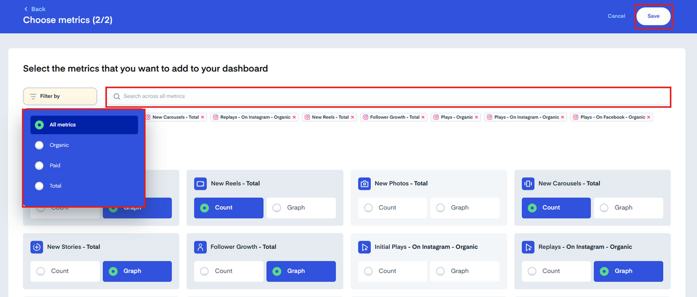Measure Studio social media dashboard interface showing how to add a metrics chart