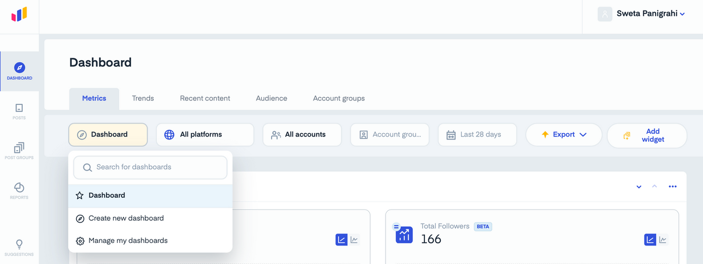 Social media dashboard from Measure Studio showing how to build a new dashboard view
