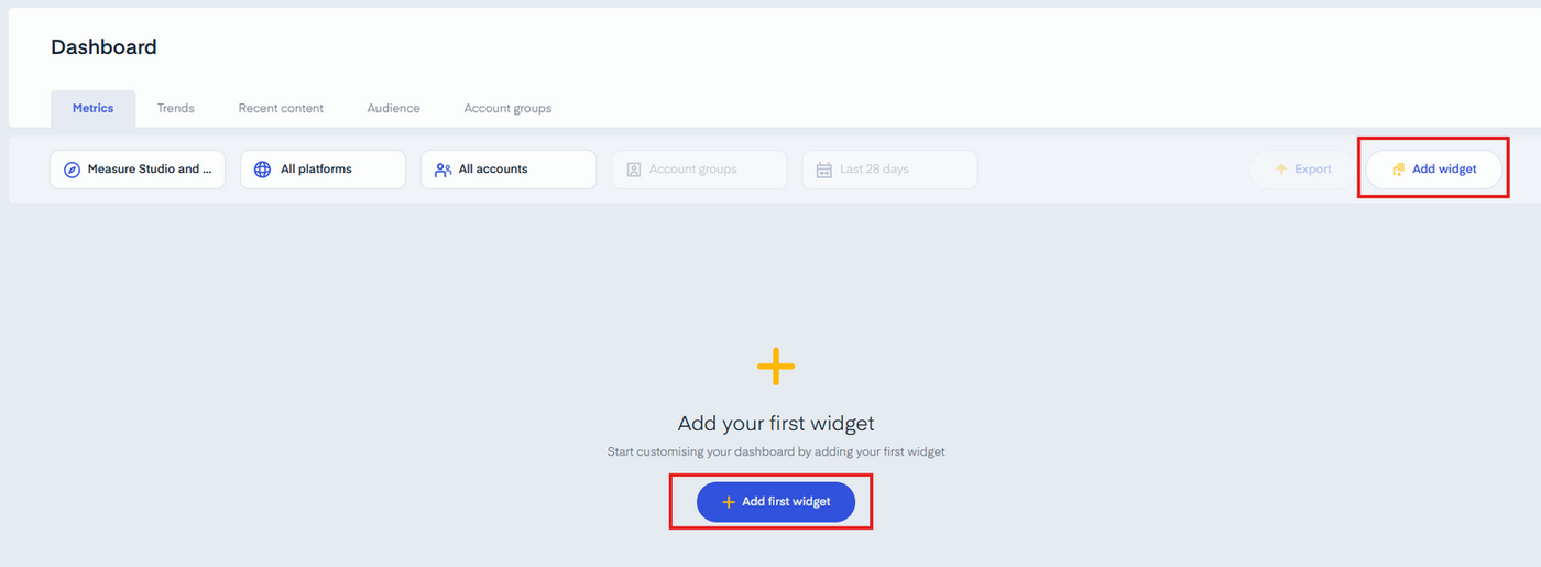 Measure Studio social media dashboard interface showing how to add a new widget
