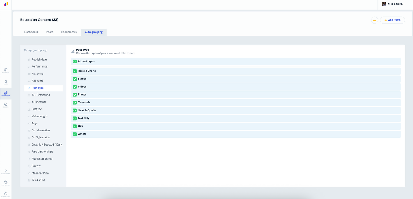 Dashboard screen displaying post types with options such as videos, photos, and more checked. Tabs like Dashboard and Posts are visible.