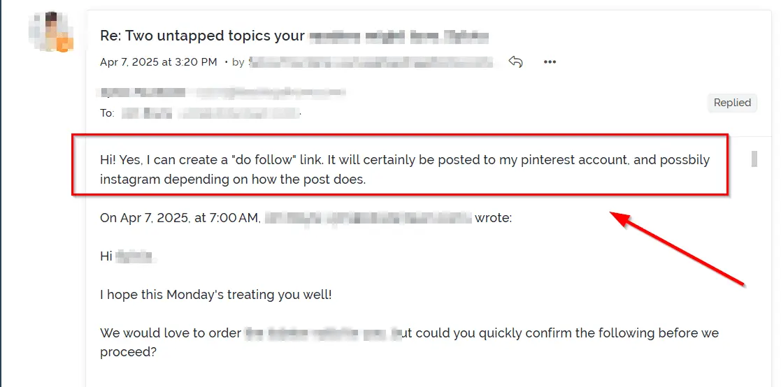 Email screenshot shows a conversation about creating "do follow" links, intended for Pinterest and possibly Instagram. Highlighted text.
