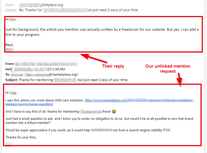 Email exchange about adding a link to a brand mention. Includes polite request and reply. Text highlighted in red with arrows pointing to key parts.