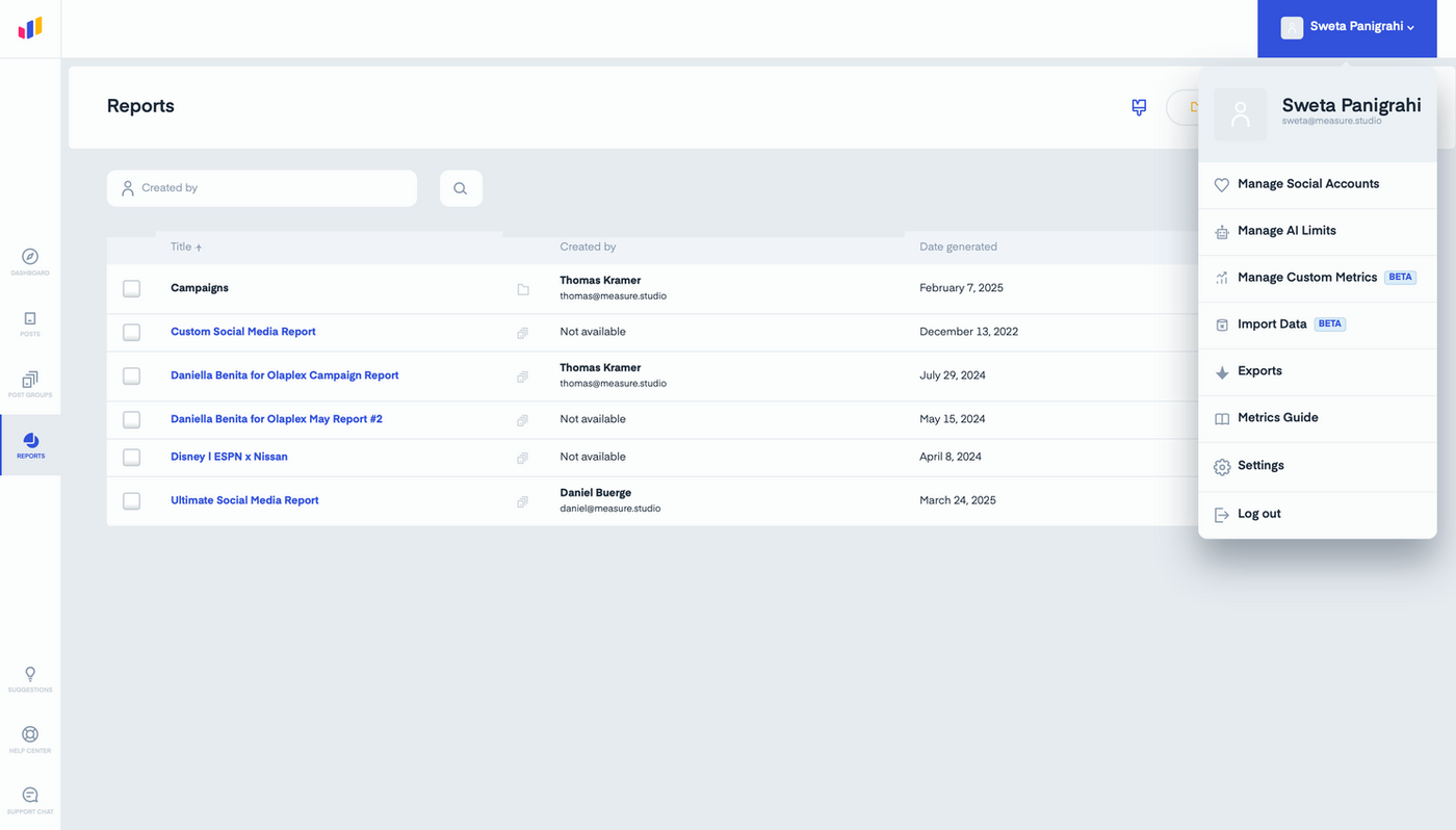 Dashboard showing reports with titles, creators, and dates. Interface includes user menu options for managing accounts and data. Clean design.