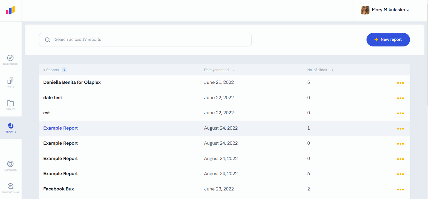 Measure Studio Dashboard interface showing a report list with titles, dates, and slide counts. A search bar and "New report" button are visible.