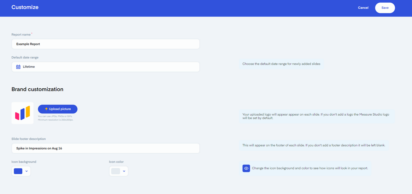 Report customization interface with fields: "Report name," "Default date range," and "Slide footer description." Options to upload a picture and change icon colors. Save and Cancel buttons.