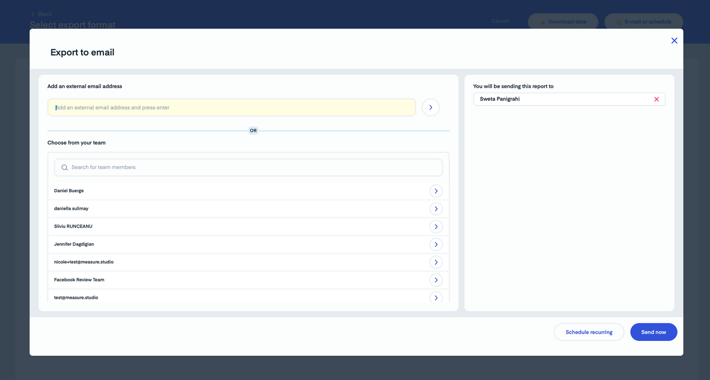 Email export interface with options to add external addresses or select team members.