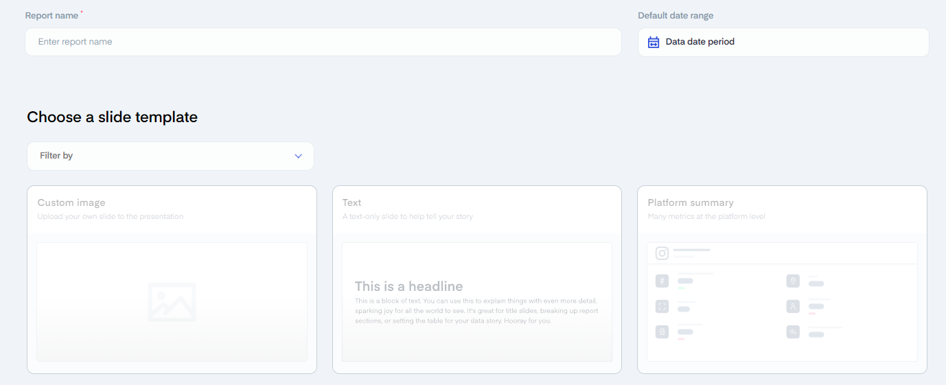 Measure Studio social media report slide creation interface with options for report name, date range, and slide templates: Custom image, Text, Platform summary.
