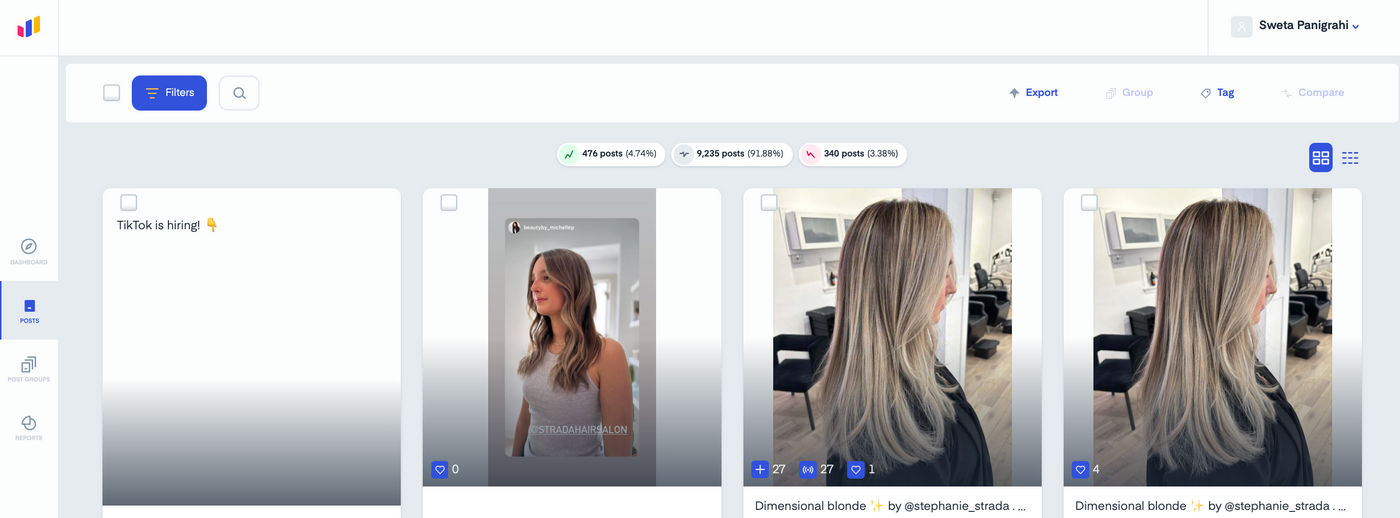 Dashboard interface showing Instagram posts of hairstyles. Left: "TikTok is hiring!" text. Center: Woman with wavy hair. Right: Blonde hair in a salon.
