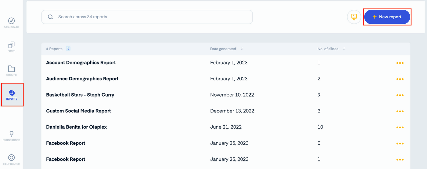 Measure Studio Dashboard screen showing a list of reports with dates and slide counts. A blue "New report" button is at the top right.