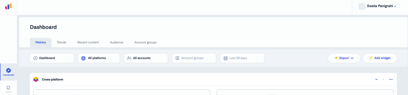 Measure Studio Dashboard interface with tabs for Metrics, Trends, and Audience. Buttons for Export, Add widget. Clean, minimal design, white and blue tones.