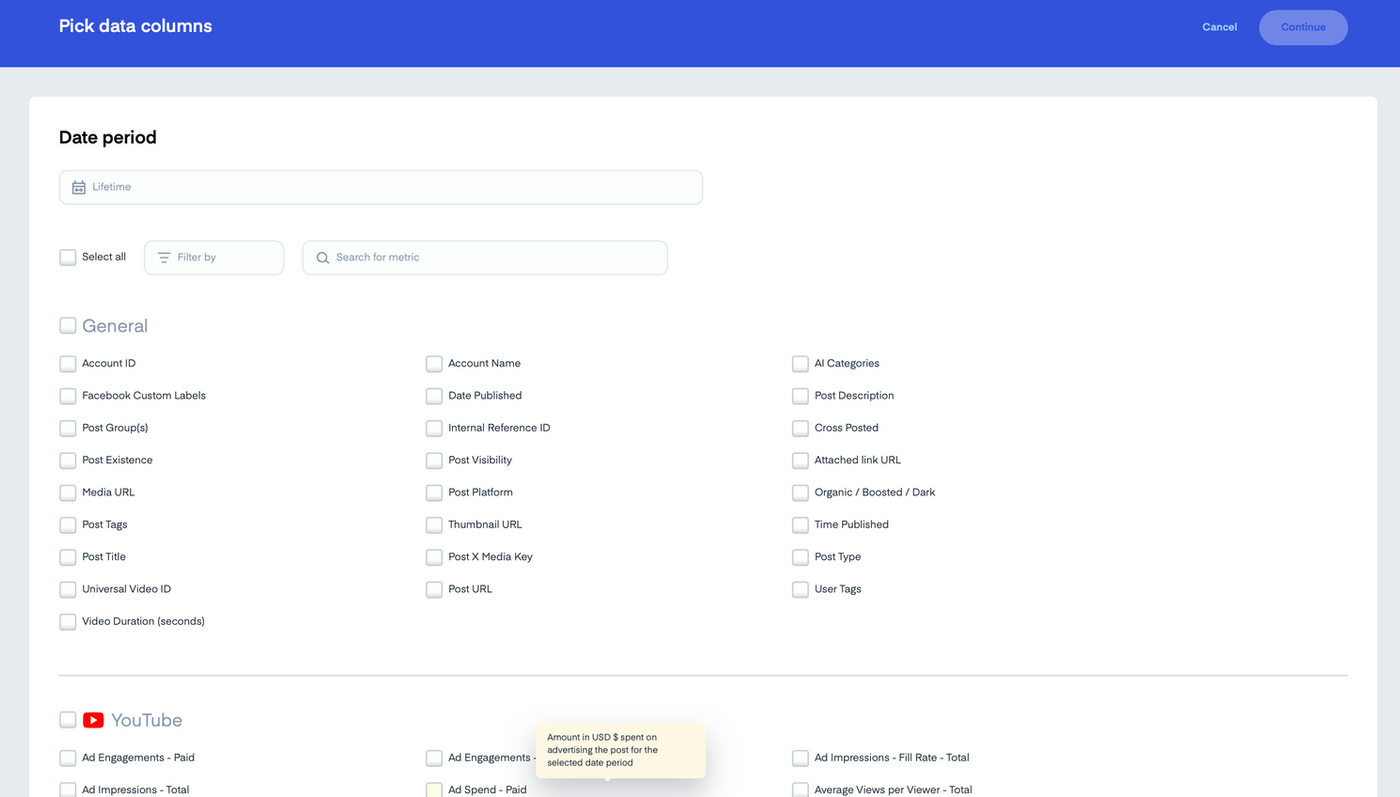 Screen displaying various data column options for selection, like Account ID and Ad Engagements. Blue and white interface with tooltip.