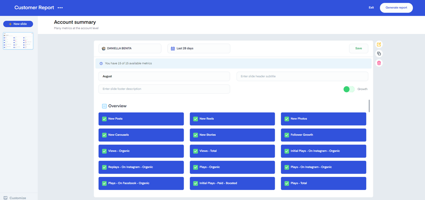 Customer report screen showing account summary with 15 metrics. Blue boxes list metrics like New Posts, New Reels, and Follower Growth.