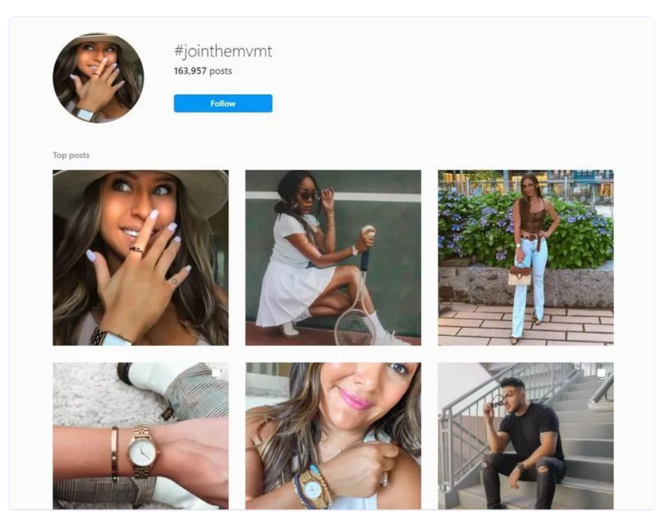 Social media page with posts showing people posing stylishly. Hashtag "#jointhemvmt" with 163,957 posts. Follow button visible.