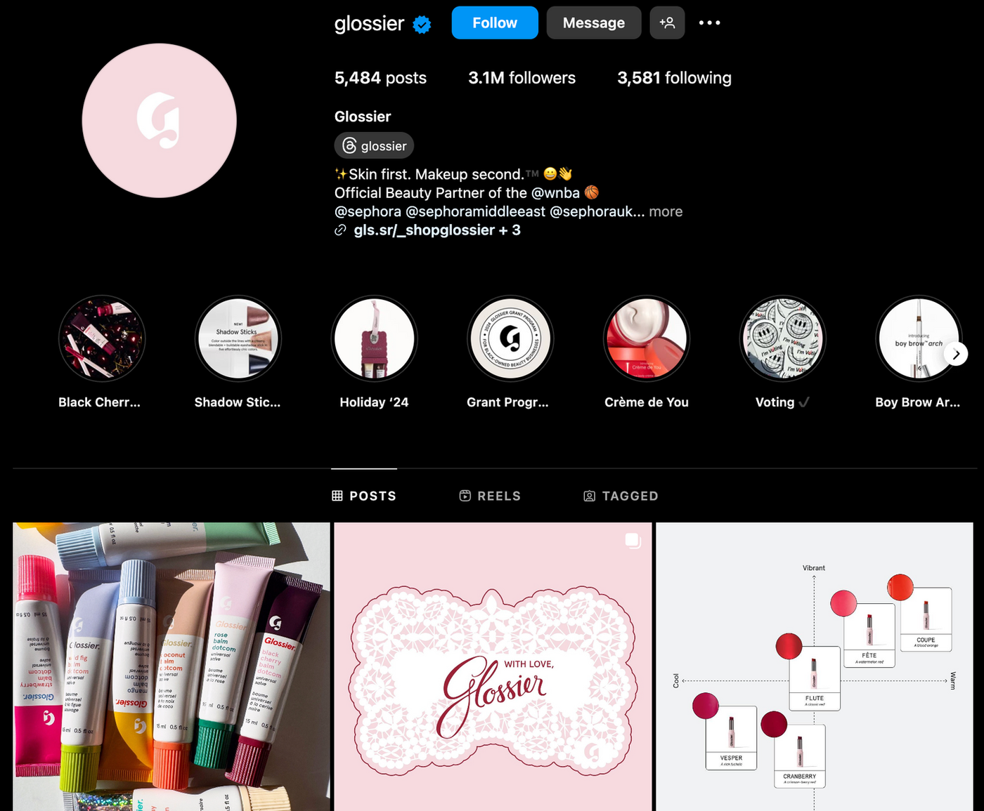 Glossier Instagram profile with 3.1M followers. Highlights include product imagery and categories like Black Cherry and Crème de You.