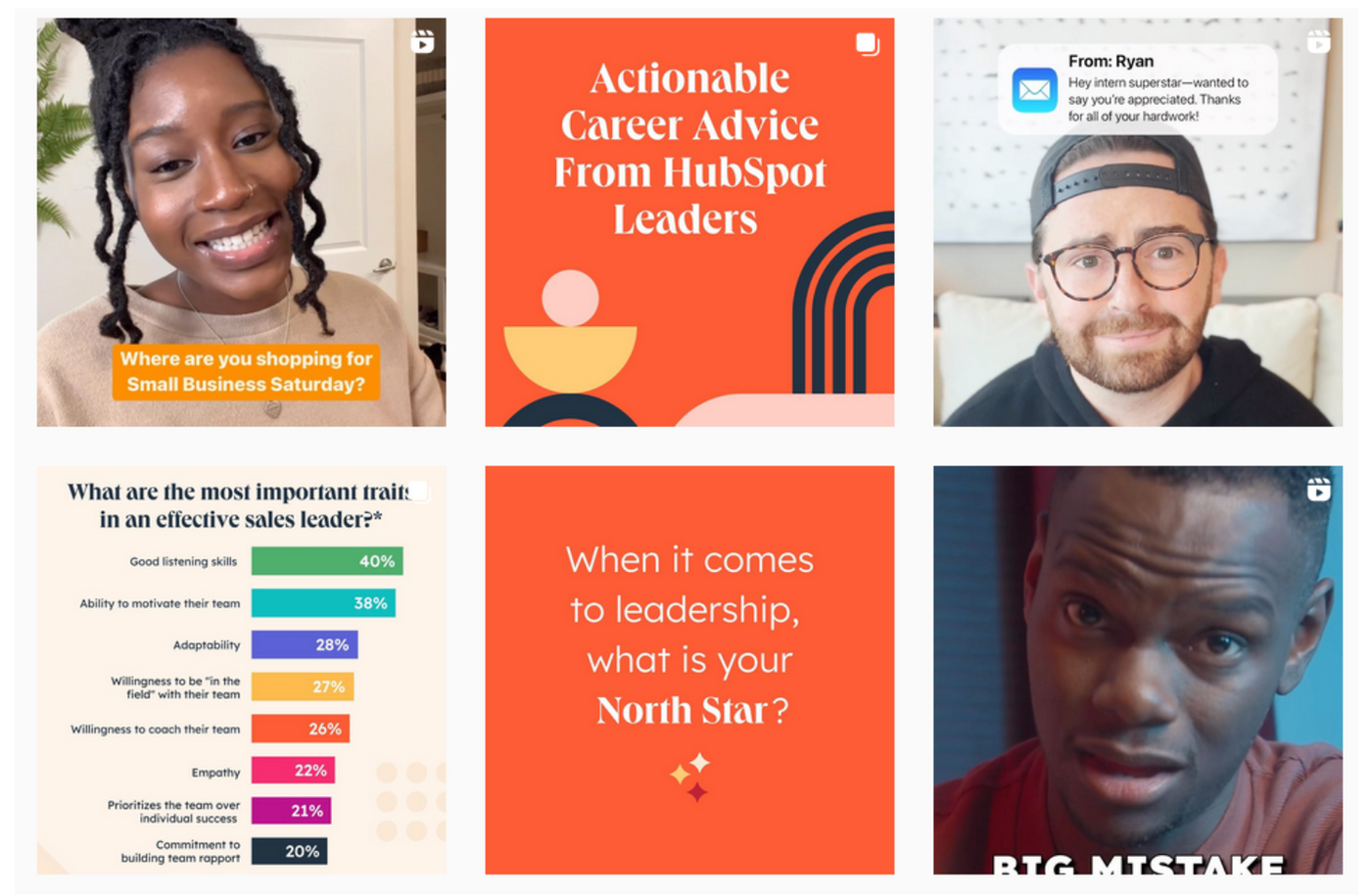 A grid of images: smiling woman with "Where are you shopping for Small Business Saturday?", text graphics on career and leadership, bearded man with message from Ryan, sales traits list, man with "Big Mistake".