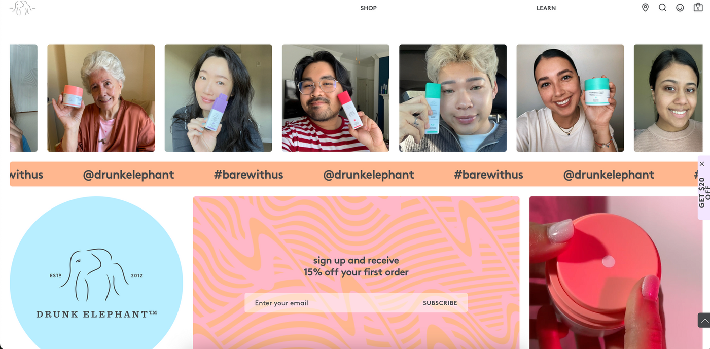 Smiling individuals hold Drunk Elephant skincare products. Background features wavy pastel patterns, brand logo, and sign-up for 15% off.