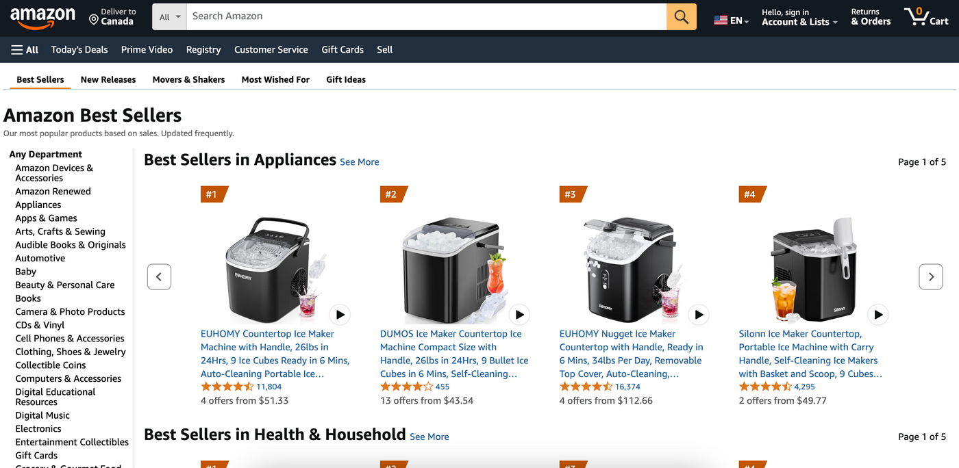 Amazon page displaying top countertop ice makers with ratings and prices. Products are ranked 1 to 4 in Best Sellers in Appliances.