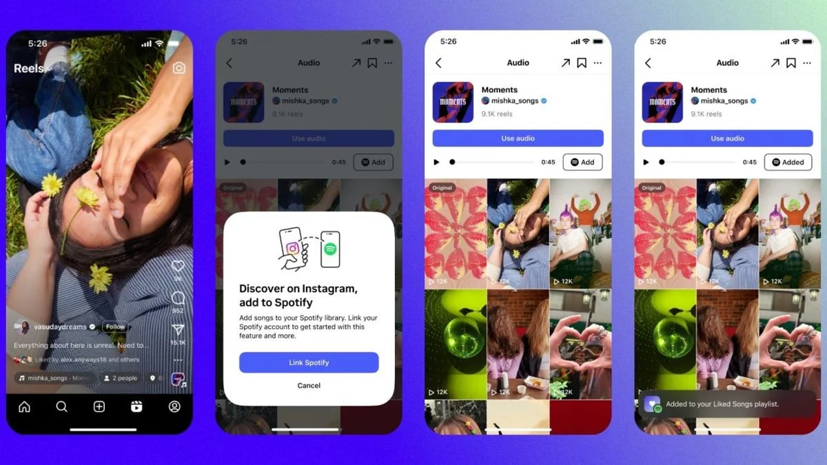 Instagram interface showing a reel of a person with flowers. Pop-up tips Spotify linking. Background has colorful app screens.