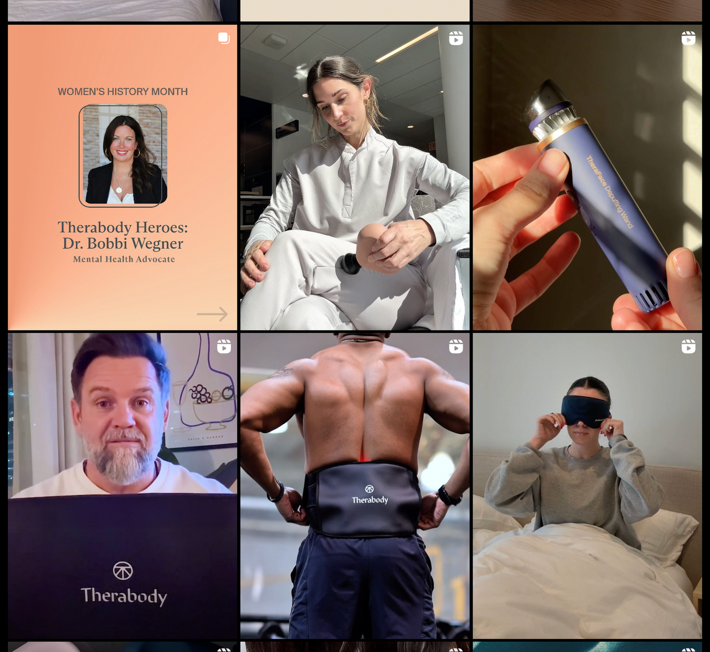 Collage of Therabody products and people using them, including a muscle massager and sleep mask. Text highlights Dr. Bobbi Wegner.