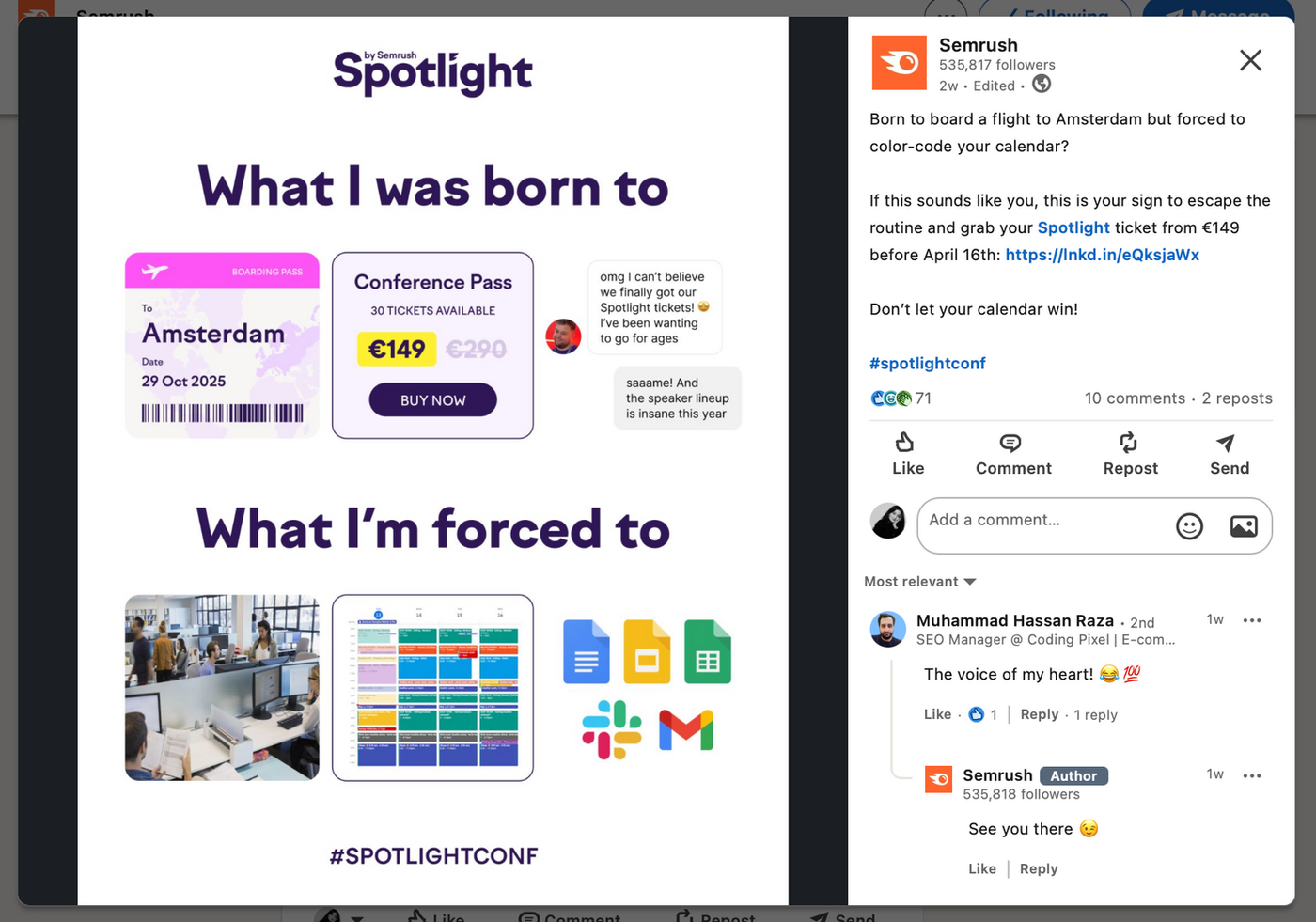 Conference promo by Semrush comparing a flight to Amsterdam with office work and calendar apps. Includes colorful boarding pass and icons.