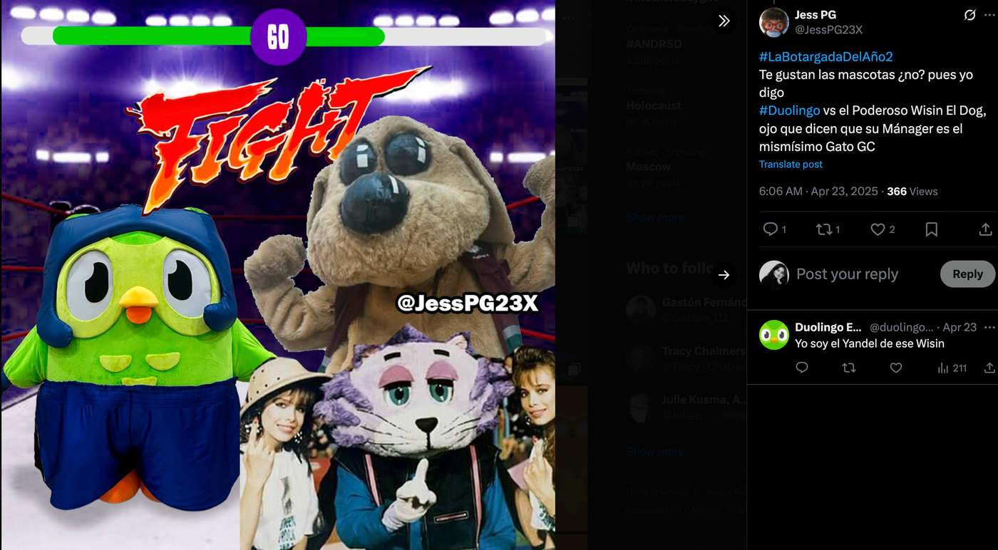 Mascots of a green owl, dog, and cat with people in a ring setting. "Fight" text in bold red and timer. Mood is playful and competitive.