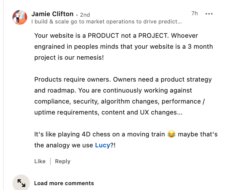 Comment by Jamie Clifton emphasizes treating websites as products, not projects. Includes analogy of playing 4D chess on a moving train.