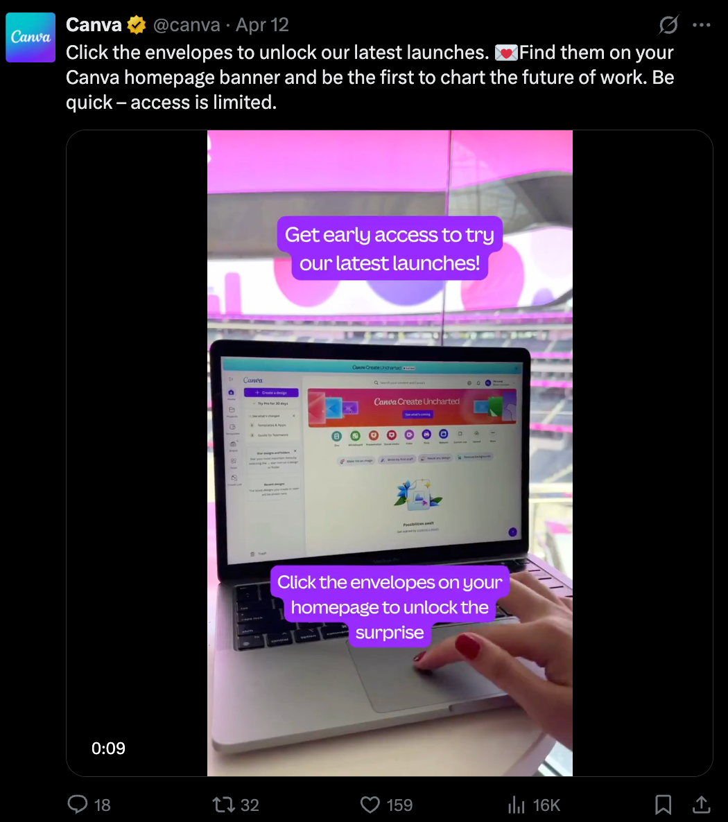 Person using a laptop with the Canva homepage open. Purple text bubbles say "Get early access" and "Click envelopes to unlock." Bright setting.