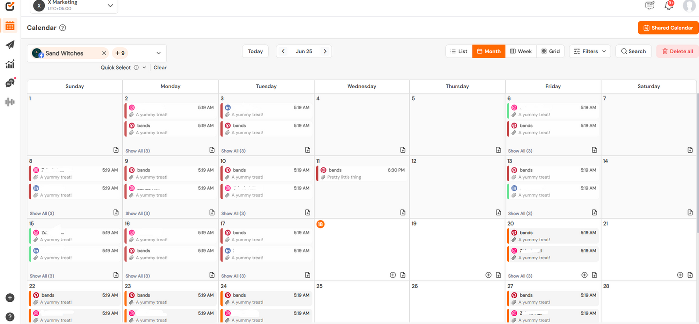 Dashboard displaying social media analytics, with follower and impression stats for platforms like YouTube, Instagram, and LinkedIn. Lines and colors vary.