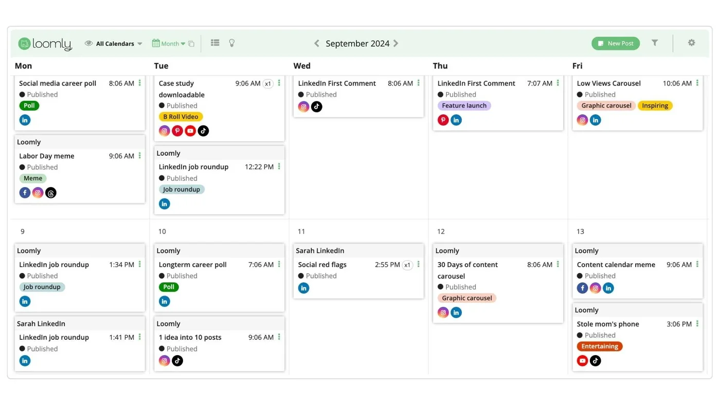 Digital calendar for September 2024 by Loomly shows a weekly schedule of social media tasks with icons for platforms like Instagram and LinkedIn.