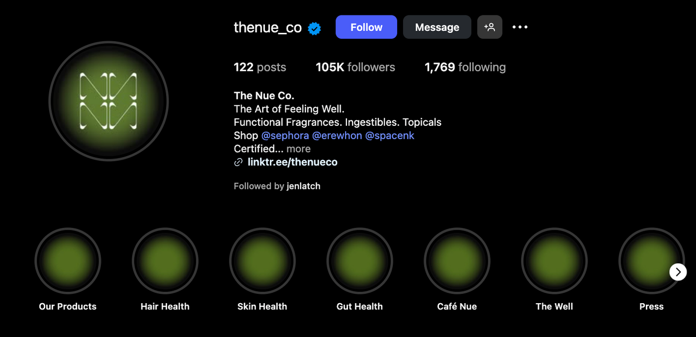 Instagram profile of thenue_co with a green logo on black. Text mentions fragrance and health products. Icons labeled Our Products, Hair Health, etc.
