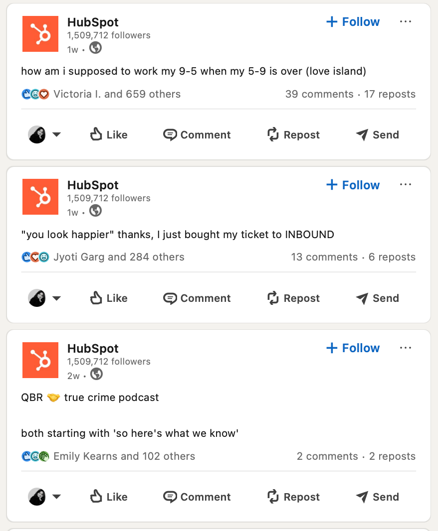 HubSpot shares three playful posts on a social platform with comments, likes, and reposts. Notable phrases include love island and INBOUND.