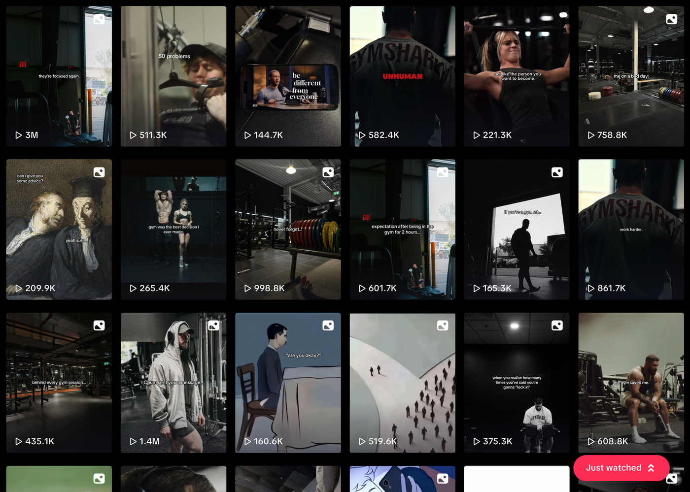 Grid of 16 gym-related video thumbnails, featuring people exercising, motivational text, and various gym settings. Mood is motivational and intense.
