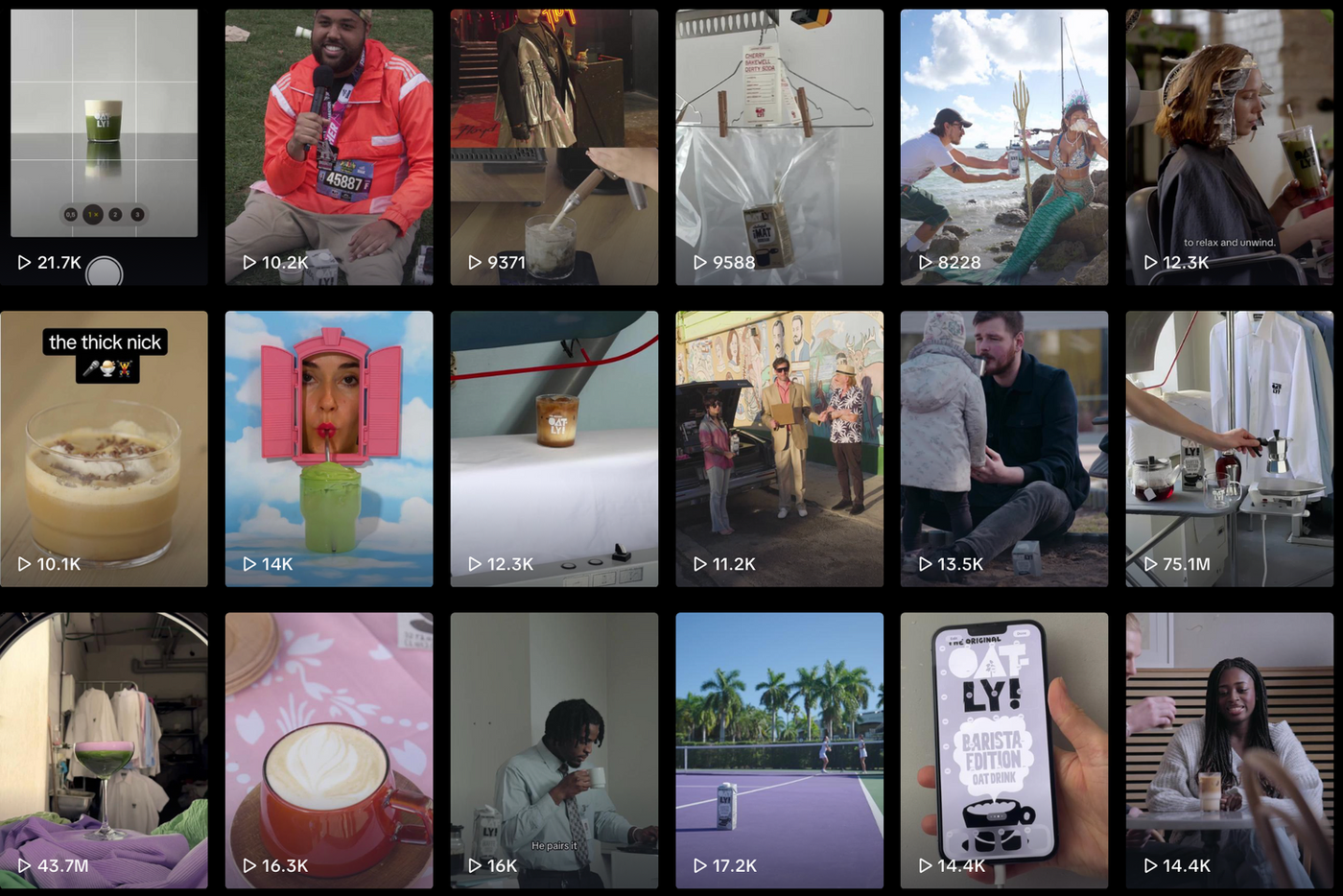 Grid of 16 video thumbnails showing various scenes with people, drinks, and activities. Includes playful poses, outdoor settings, and colorful elements.