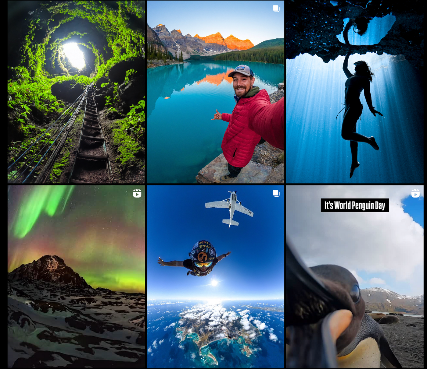 Lush cave with stairs, man by lake in red jacket, silhouette underwater, aurora over mountain, skydiving near plane, penguin, "It's World Penguin Day."
