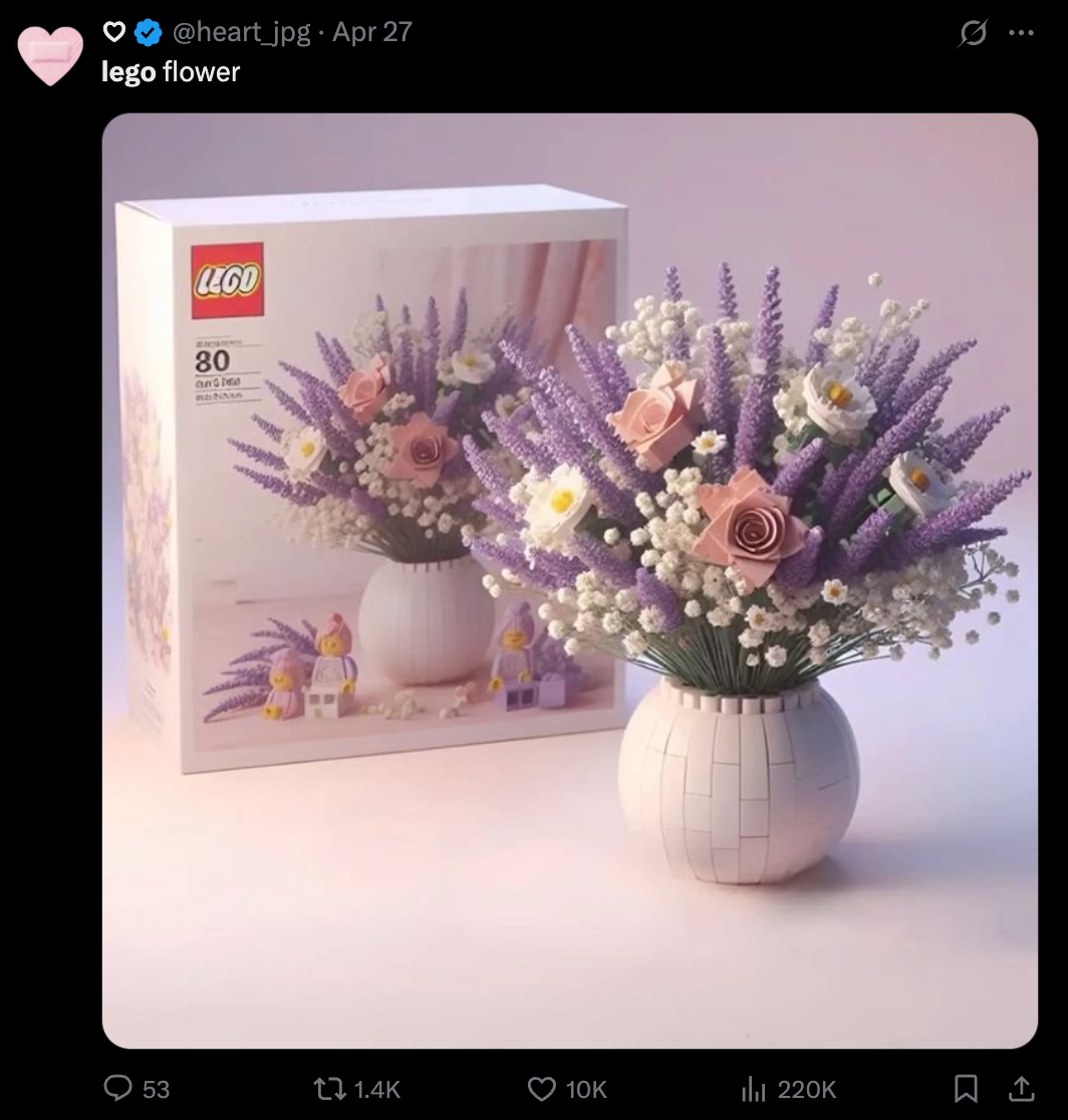 LEGO floral set features pastel purple and pink flowers in a white vase. The box displays a similar arrangement with LEGO figures.