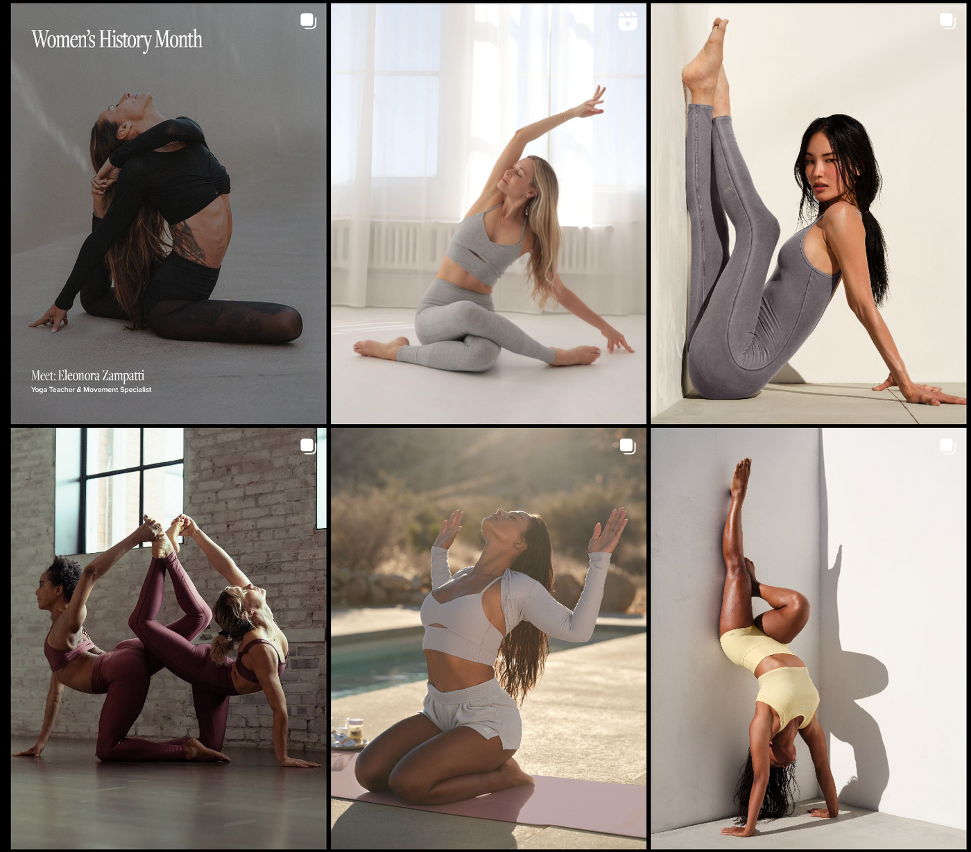 Women practicing yoga in various poses; one in black with "Women's History Month" text, others in serene, sunlit settings, wearing activewear.