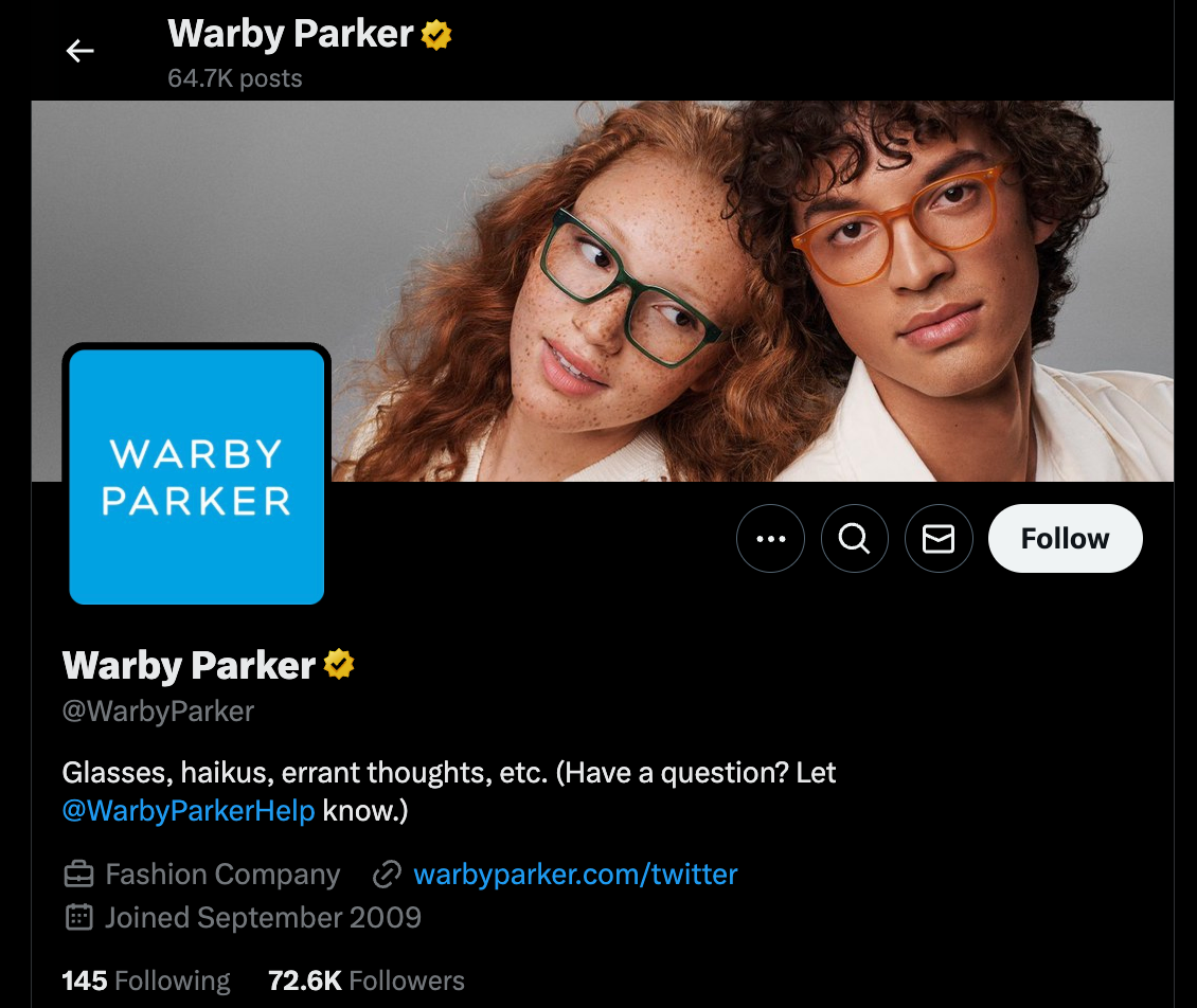 Two people with glasses pose closely in a studio. Warby Parker logo in blue appears; a profile with 72.6K followers is shown below.